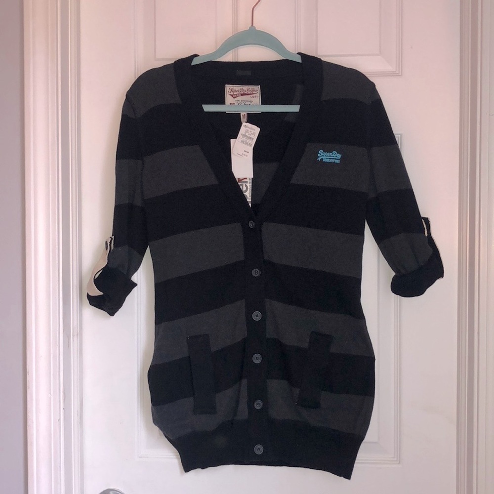 NWT Superdry Black Label Sportswear Striped Button Front V-neck Cardigan Sweater
